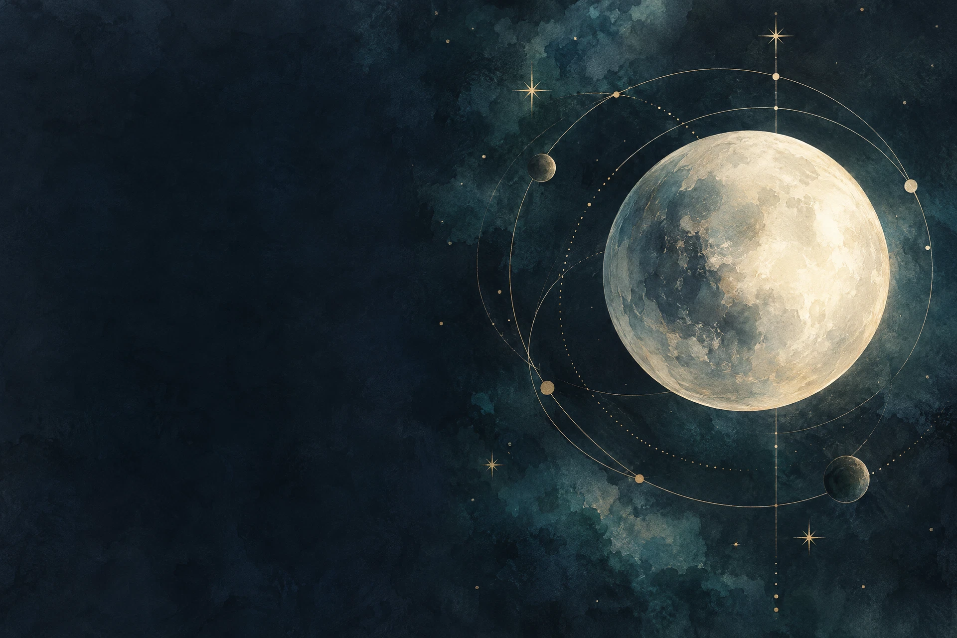 Ilustração abstrata de uma lua luminosa e órbitas delicadas em um céu azul profundo
